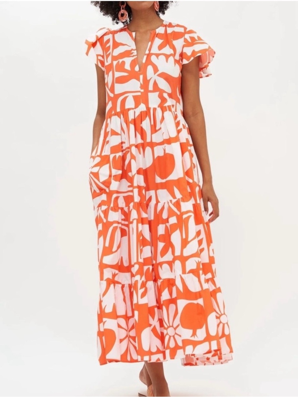 Women’s Orange & White Printed Tiered Dress - Picture 13 of 13
